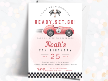 Vintage Racing Car RED Birthday Party Invitations and Thank You Cards from £4.45
