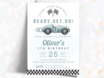 Vintage Racing Car BLUE Birthday Party Invitations and Thank You Cards from £4.45