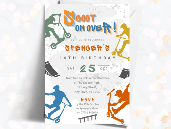 Boy's Stunt Scooter Personalised Birthday Invitations from £4.45