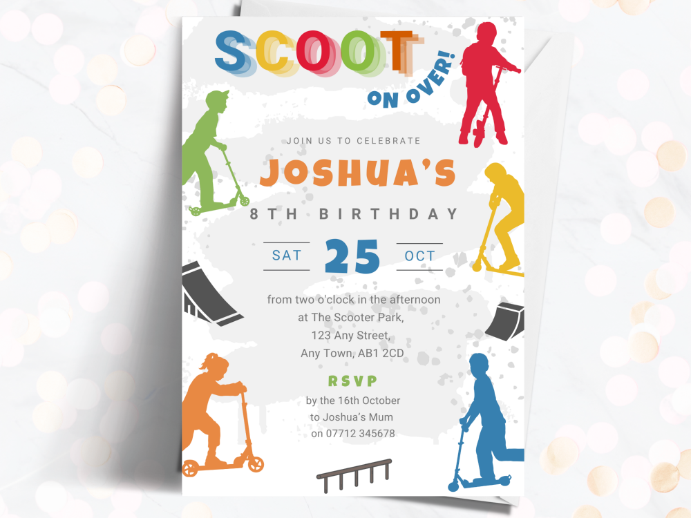 Children's Kick Scooter Personalised Birthday Invitations from £4.45