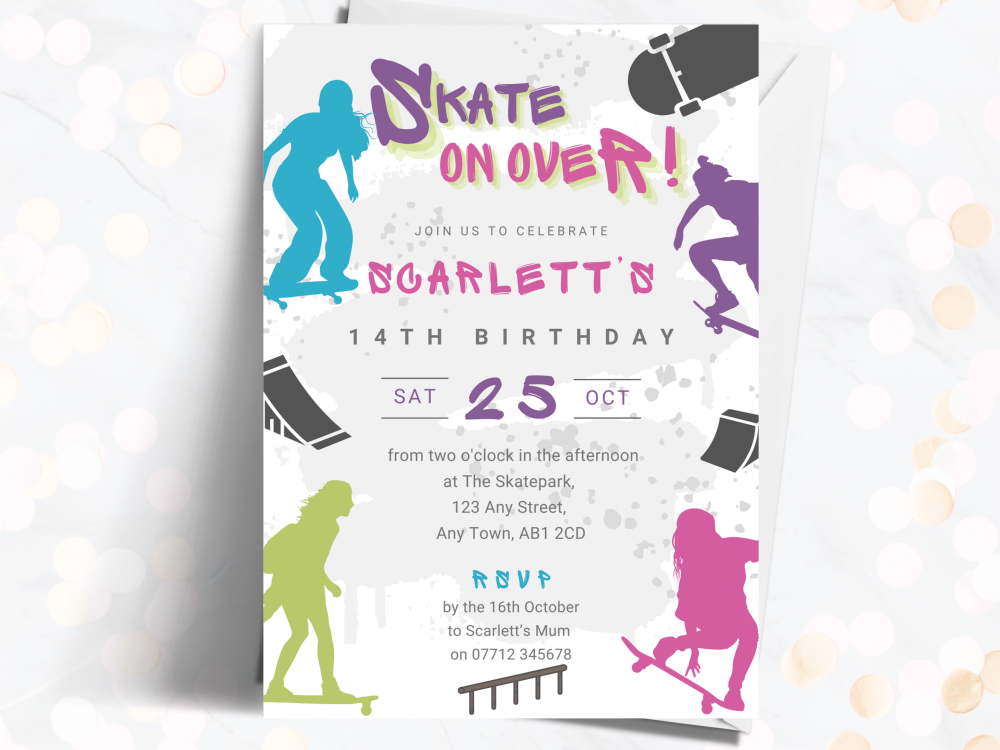 Girl's Skateboarding Personalised Birthday Invitations from £4.45