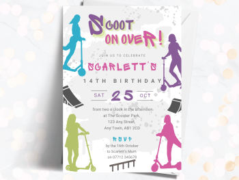 Girl's Stunt Scooter Personalised Birthday Invitations from £4.45