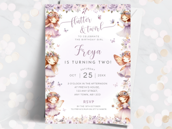 Fairy Flutter & Twirl Purple Personalised Birthday Invitations from £4.45