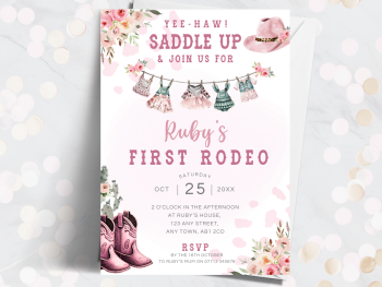 First Rodeo Cowgirl Baby Theme Personalised 1st Birthday Invitations from £4.45