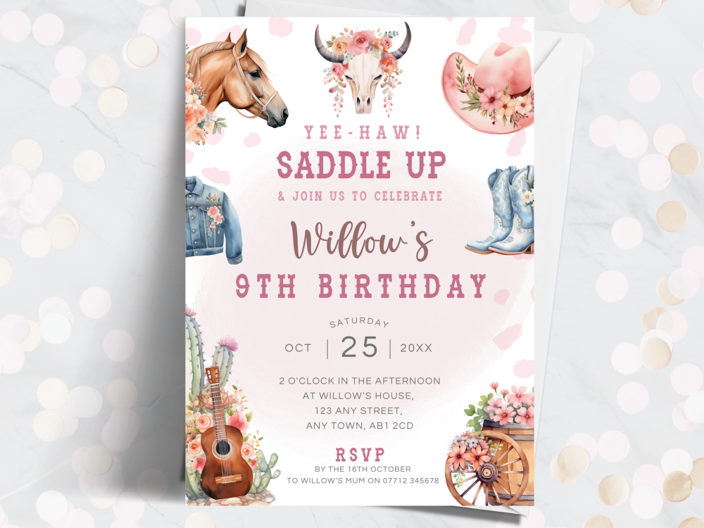 Cowgirl Western Theme Personalised Birthday Invitations<br> from £4.45
