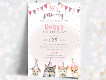 Let's Paw-ty! Pink Dog Themed Personalised Birthday Invitations from £4.45