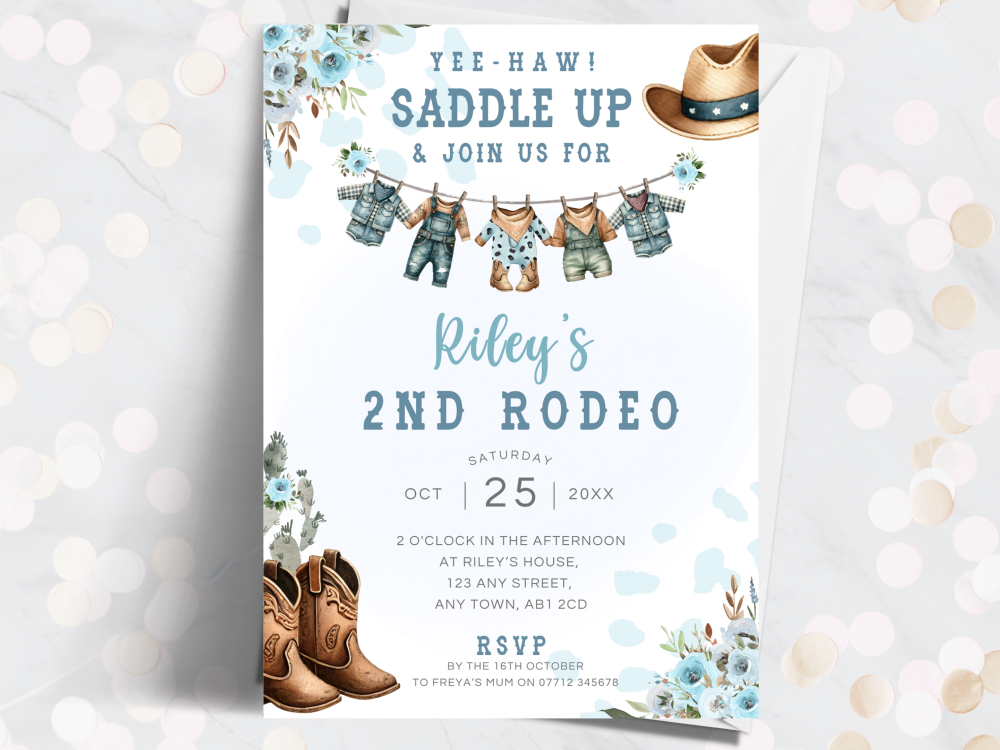 Cowboy Baby Western Theme Personalised Birthday Invitations from £4.45