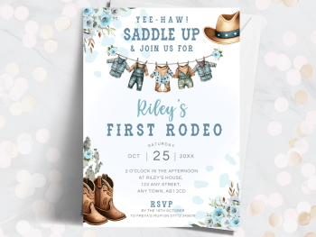 First Rodeo Cowboy Baby Theme Personalised 1st Birthday Invitations from £4.45