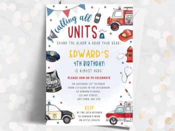 Emergency Vehicles Personalised Birthday Invitations from £4.45