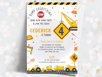 Construction Vehicles Personalised Birthday Invitations from £4.45