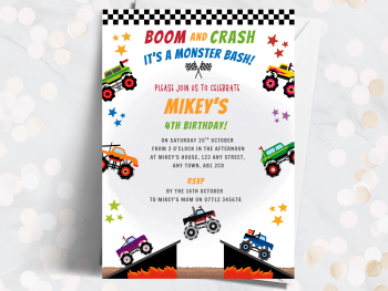 Boom and Crash It's a Monster Truck Bash! Personalised Birthday Invitations from £4.45