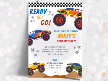 Monster Trucks Extreme Sports Cars Personalised Birthday Invitations from £4.45
