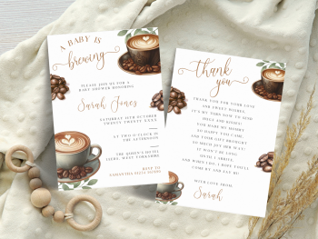 Coffee Theme A Baby Is Brewing Neutral Baby Shower Personalised Invitations and Thank You Cards  from £4.45