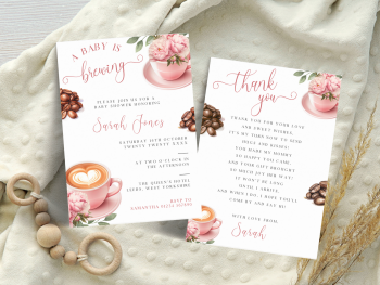 Coffee Theme A Baby Is Brewing Pink Baby Shower Personalised Invitations and Thank You Cards  from £4.45
