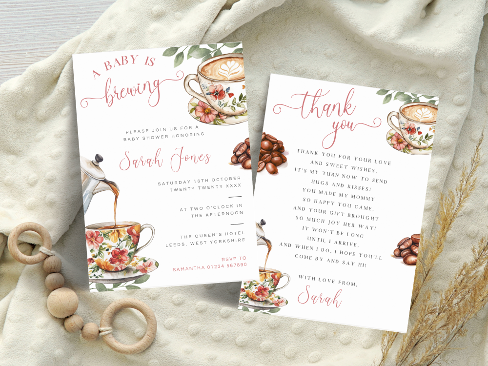 Coffee Theme A Baby Is Brewing Vintage Floral Baby Shower Personalised Invitations and Thank You Cards  from £4.45
