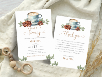 Coffee Theme A Baby Is Brewing Baby Shower Personalised Invitations and Thank You Cards  from £4.45