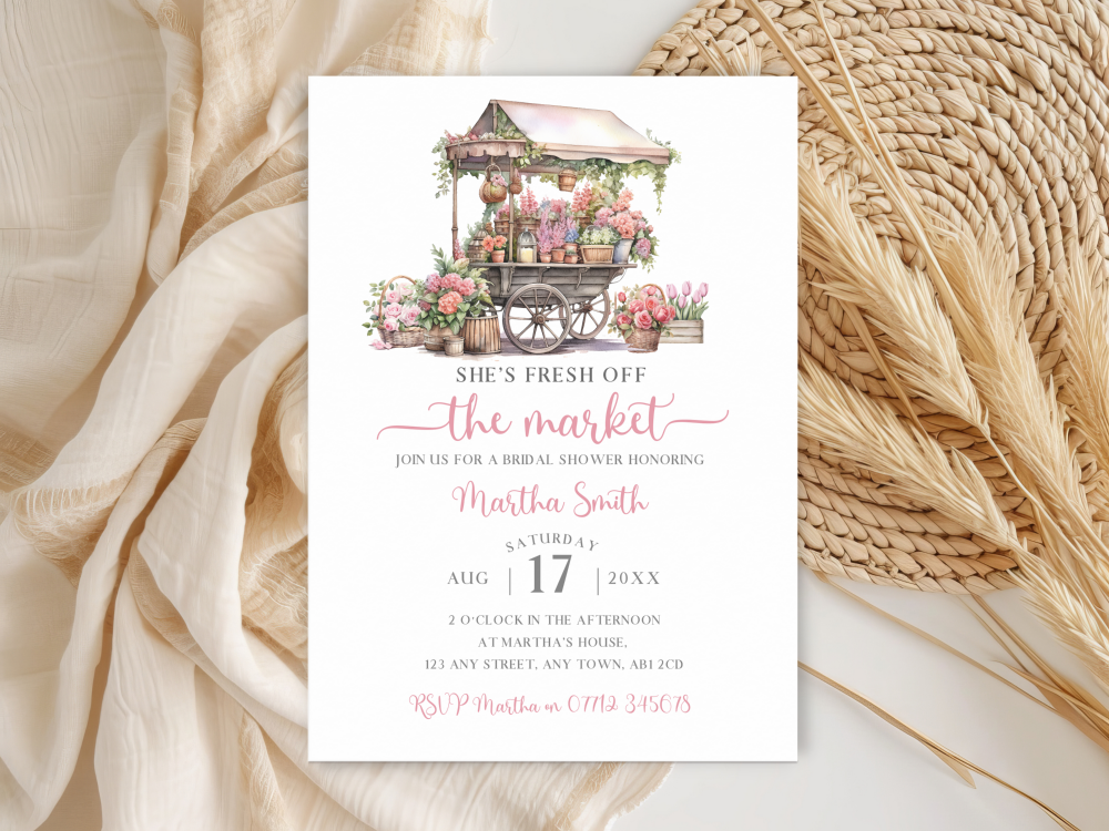 She's Fresh Off The Market Bridal Shower Personalised Invitations and Thank