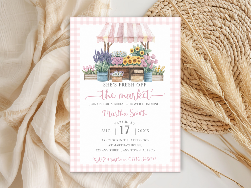 She's Fresh Off The Market - Pink Gingham - Bridal Shower Personalised Invitations and Thank You Cards  from £4.45