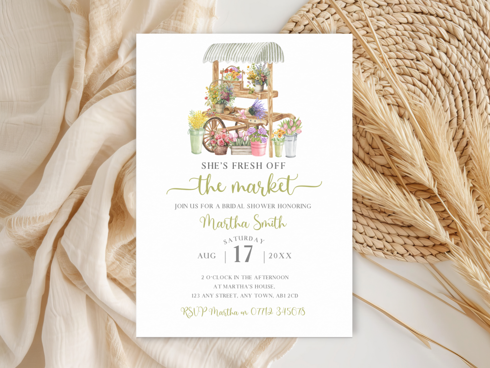 She's Fresh Off The Market - Green Bridal Shower Personalised Invitations and Thank You Cards  from £4.45