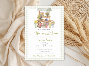 She's Fresh Off The Market - Green Gingham Bridal Shower Personalised Invitations and Thank You Cards  from £4.45