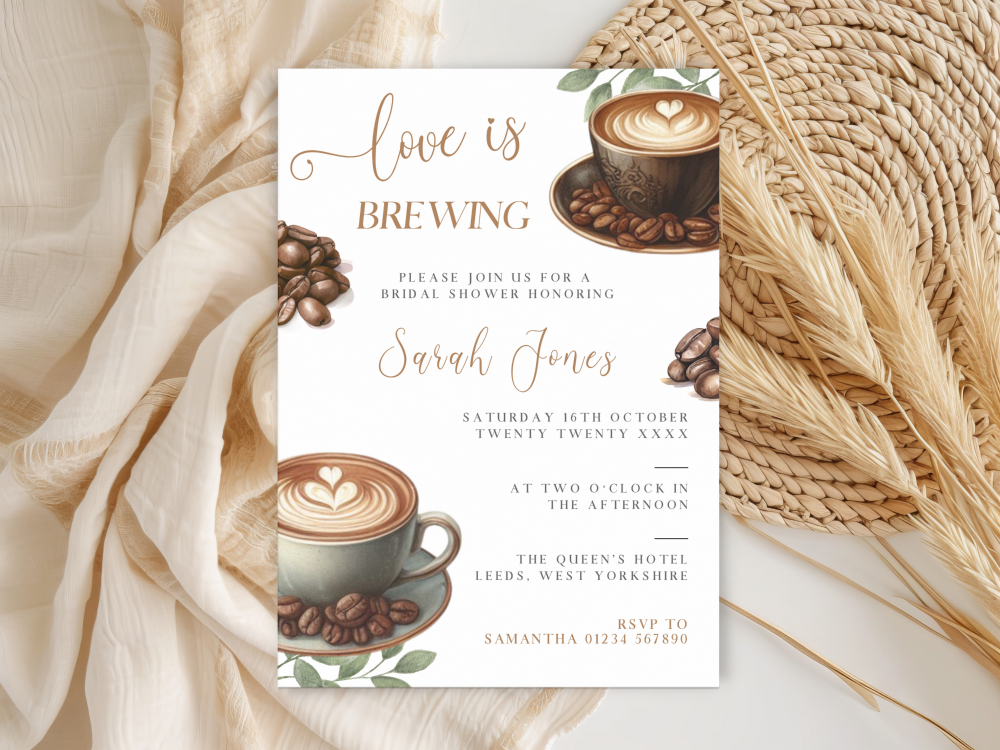 Love Is Brewing Coffee Cup Bridal Shower Personalised Invitations and Thank You Cards  from £4.45