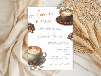 Love Is Brewing Coffee Cup Bridal Shower Personalised Invitations and Thank You Cards  from £4.45