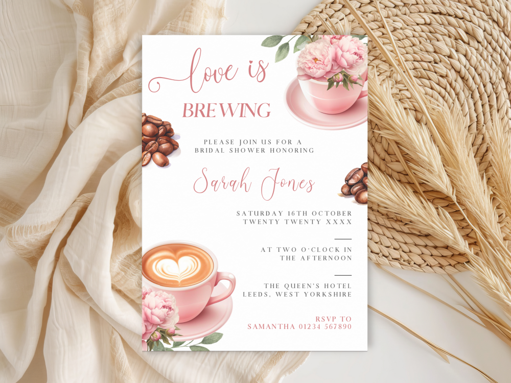 Love Is Brewing Pink Coffee Cup Bridal Shower Personalised Invitations and Thank You Cards  from £4.45