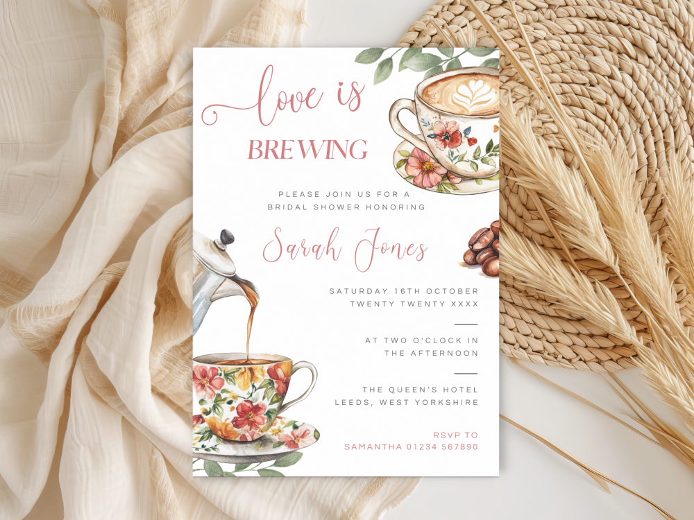 Love Is Brewing Vintage Floral Bridal Shower Personalised Invitations and T