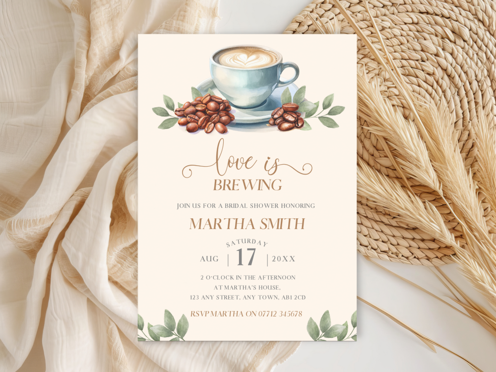 Love Is Brewing Coffee Bean Cup Bridal Shower Personalised Invitations and Thank You Cards  from £4.45