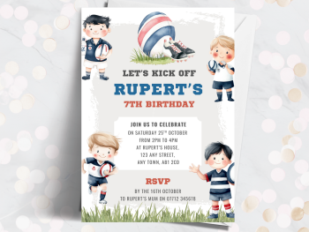 Rugby Personalised Birthday Invitations - BLUE from £4.45