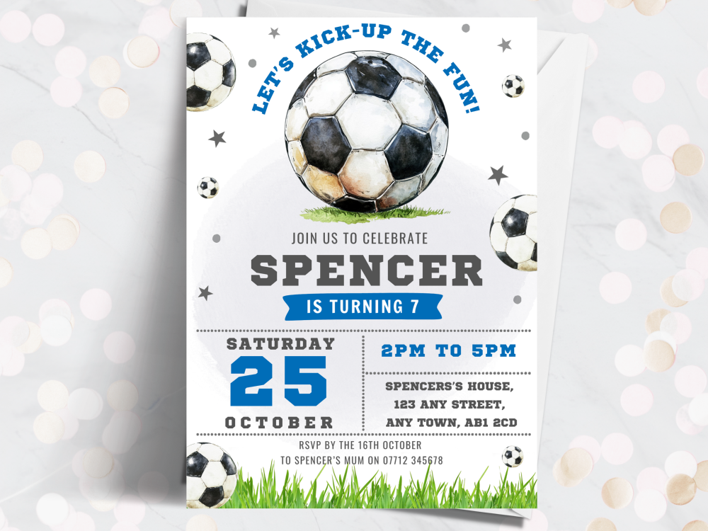 BLUE Football Personalised Birthday Invitations<br> from £4.45