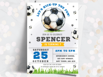 BLUE & YELLOW Football Personalised Birthday Invitations from £4.45