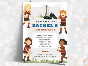Girl's Red & Navy Rugby Personalised Birthday Invitations from £4.45