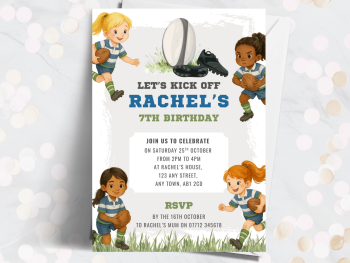 Girl's Blue & White Rugby Personalised Birthday Invitations from £4.45