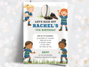 Girl's Green & Blue Rugby Personalised Birthday Invitations from £4.45
