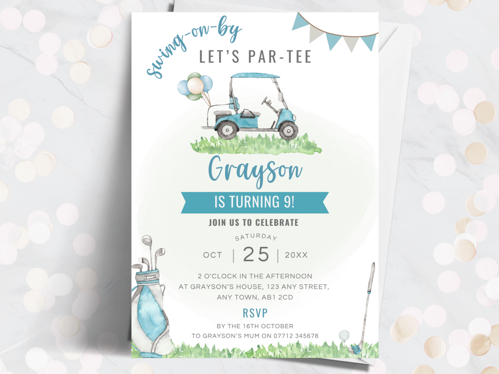 Golf Buggy Personalised Birthday Invitations - Blue<br> from £4.45