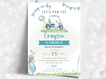 Golf Buggy Personalised Birthday Invitations - Blue from £4.45