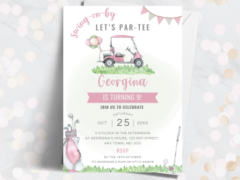 Golf Buggy Personalised Birthday Invitations - Pink from £4.45