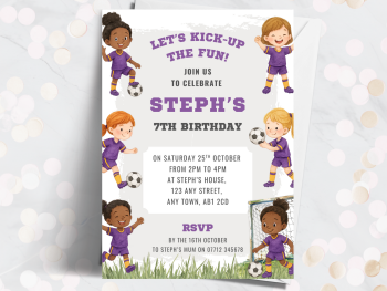 Girl's Purple & Gold Football Personalised Birthday Invitations from £4.45