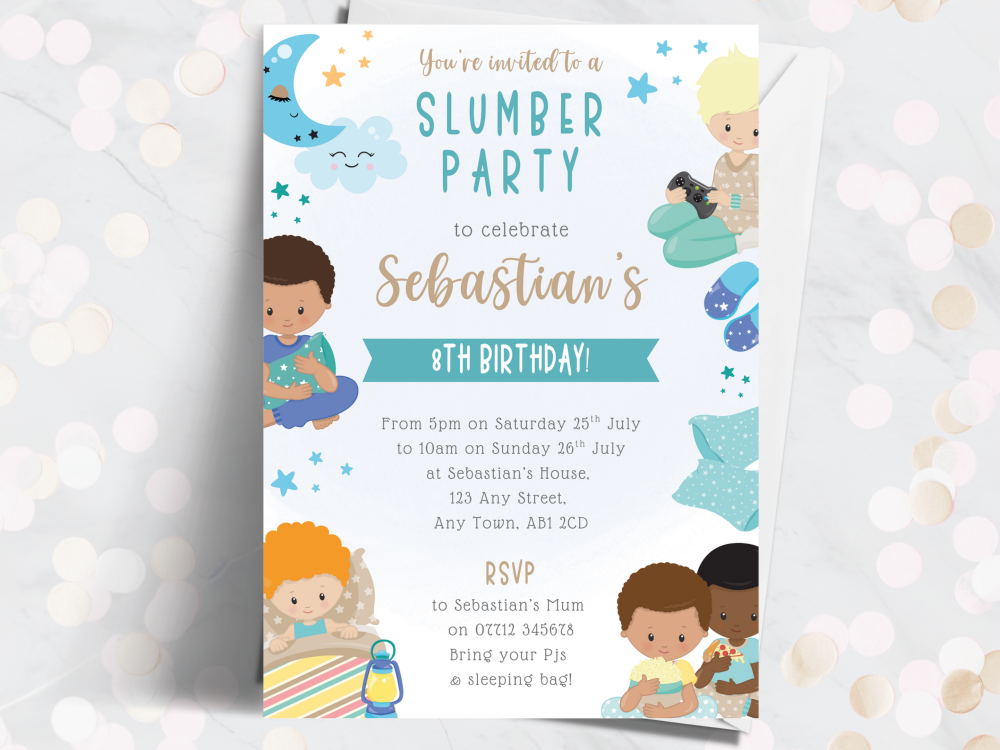 Boy's Slumber Party Personalised Birthday Invitations from £4.45