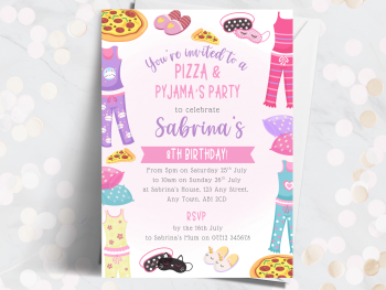 Girl's Pizza & Pyjama Party Personalised Birthday Invitations from £4.45