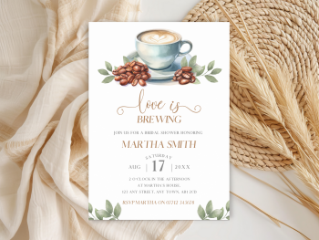 Love Is Brewing Coffee Bean Cup Bridal Shower Personalised Invitations and Thank You Cards  from £4.45