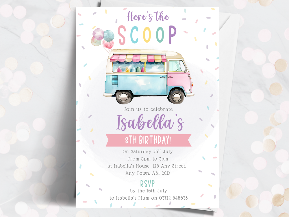 Girl's Ice Cream Van Party Personalised Birthday Invitations<br> from £4.45