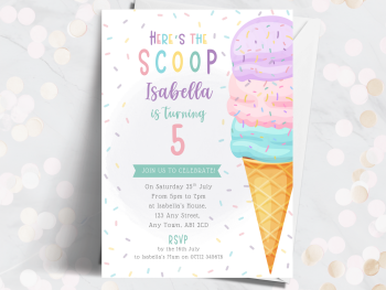 Here's The Scoop - Girl's Ice Cream Party Personalised Birthday Invitations from £4.45