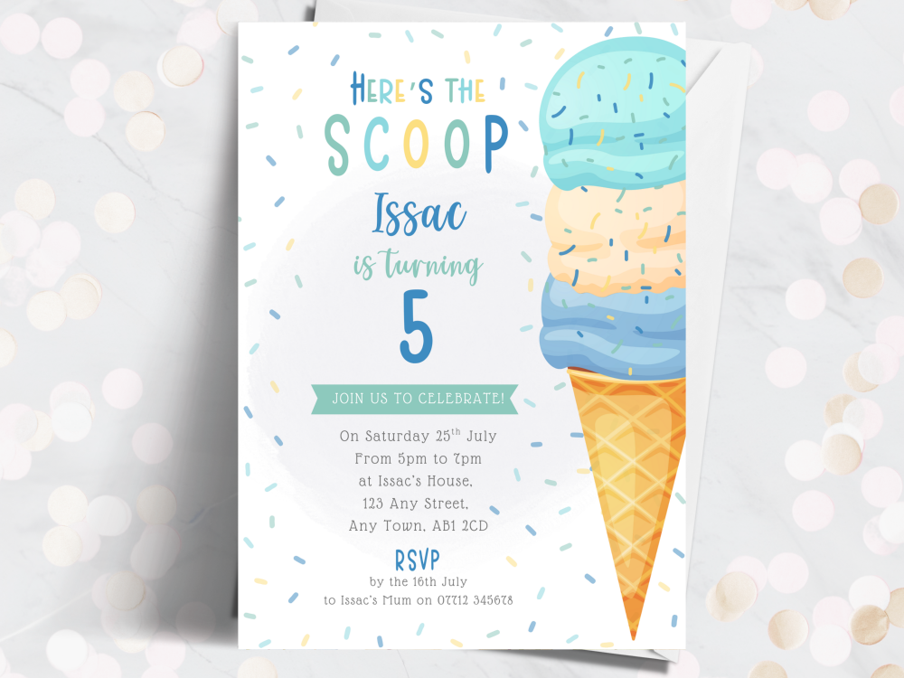 Here's The Scoop - Boy's Ice Cream Party Personalised Birthday Invitations from £4.45