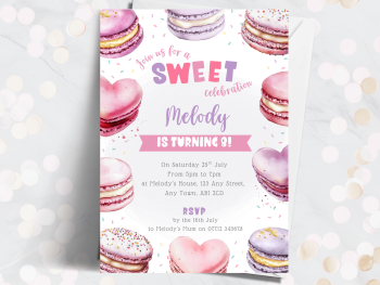 Sweet Celebration - Bright Pink Macaroons Personalised Birthday Party Invitations from £4.45