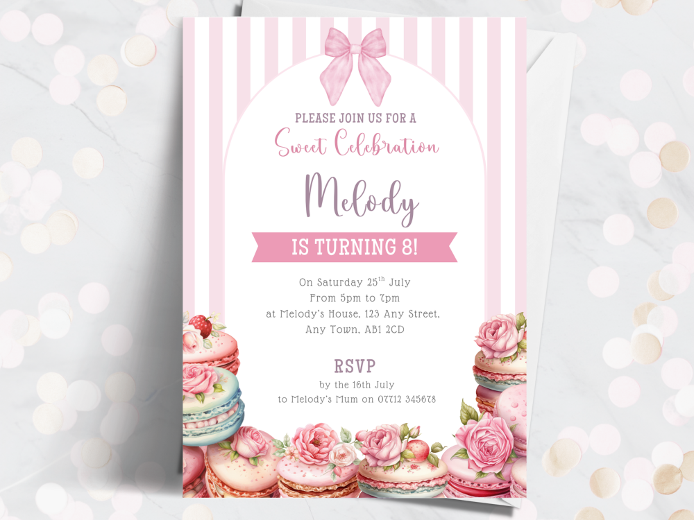 Sweet Celebration - Pink Stripe Macaroons Personalised Birthday Party Invitations from £4.45