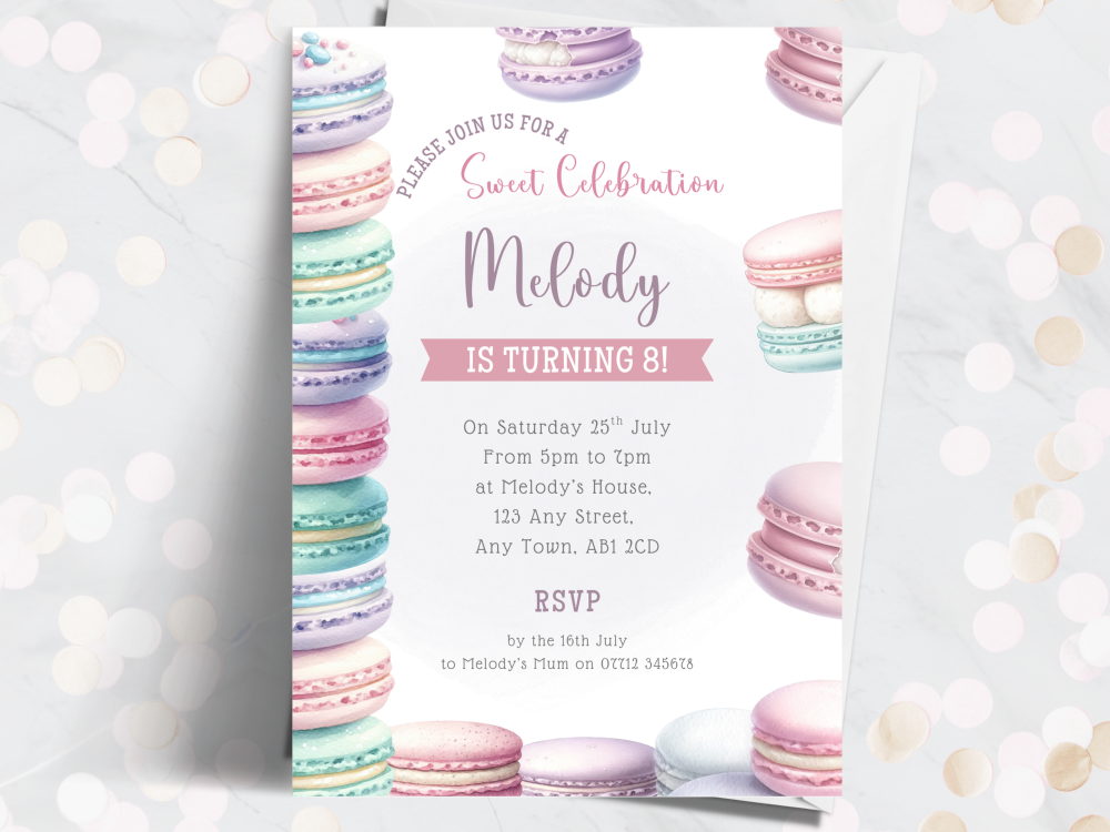 Sweet Celebration - Pastel Macaroons Personalised Birthday Party Invitations from £4.45