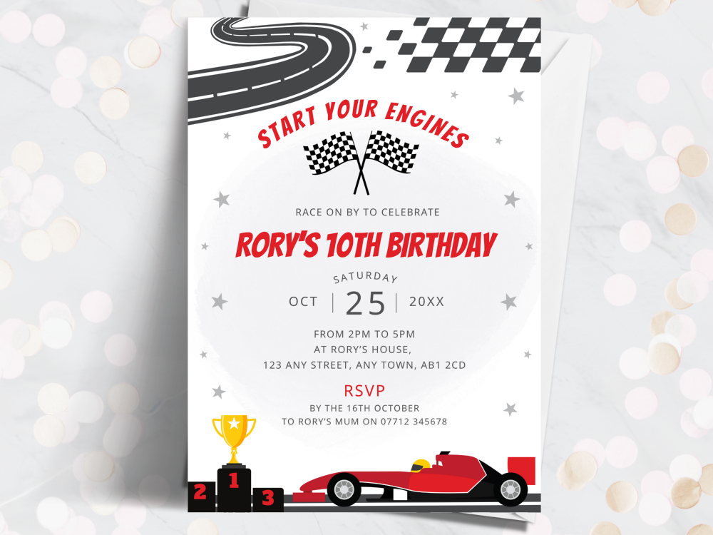 Red Racing Car Personalised Birthday Invitations from £4.45