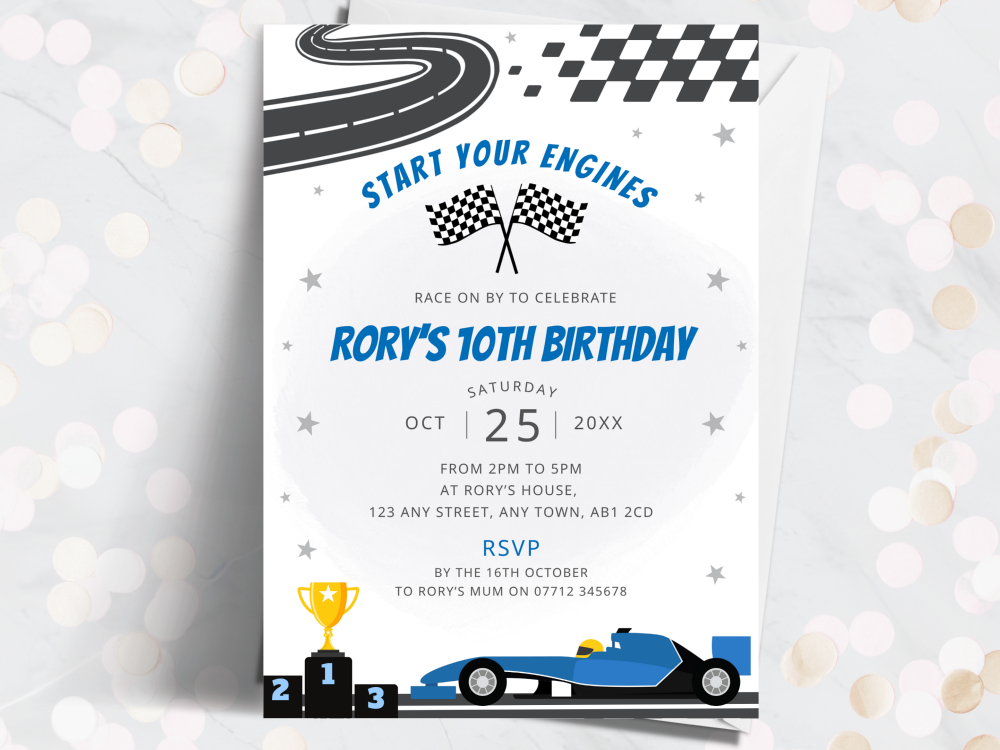 Blue Racing Car Personalised Birthday Invitations from £4.45